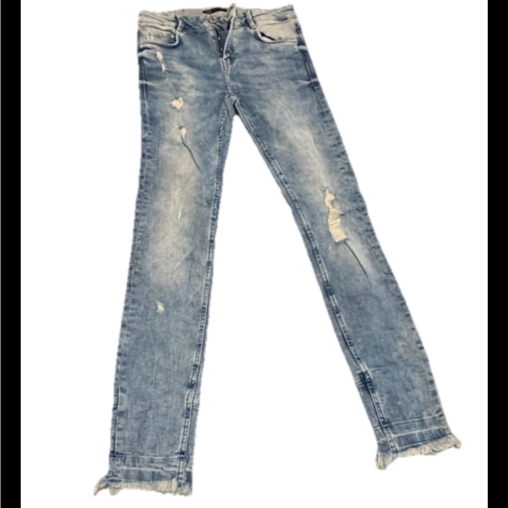 Zara Denim Jeans with Tan Leather Patch